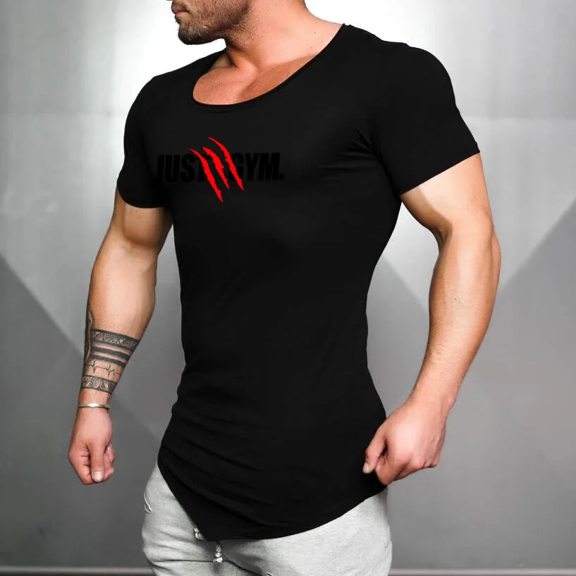 Men Casual Fitness Gym Bodybuilding Sport Running T-Shirt Summer Cotton Breathable Short Sleeve Shirt Fashion Irregular Hem Tops