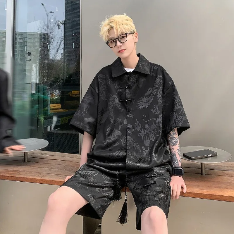 

Print Shirts Shorts Suits for Men Black Graphic Man Sets New in Matching Korean Two Piece Set Kpop Polyester Luxury Cool Outdoor