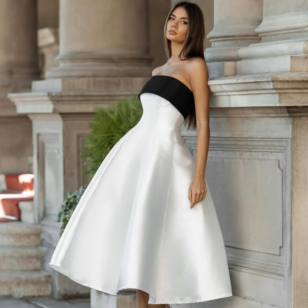 

Customized Modern Style Simple Charmeuse Pleat Ruched A-line Strapless Midi Dresses Bespoke Occasion Dresses Sizes Available