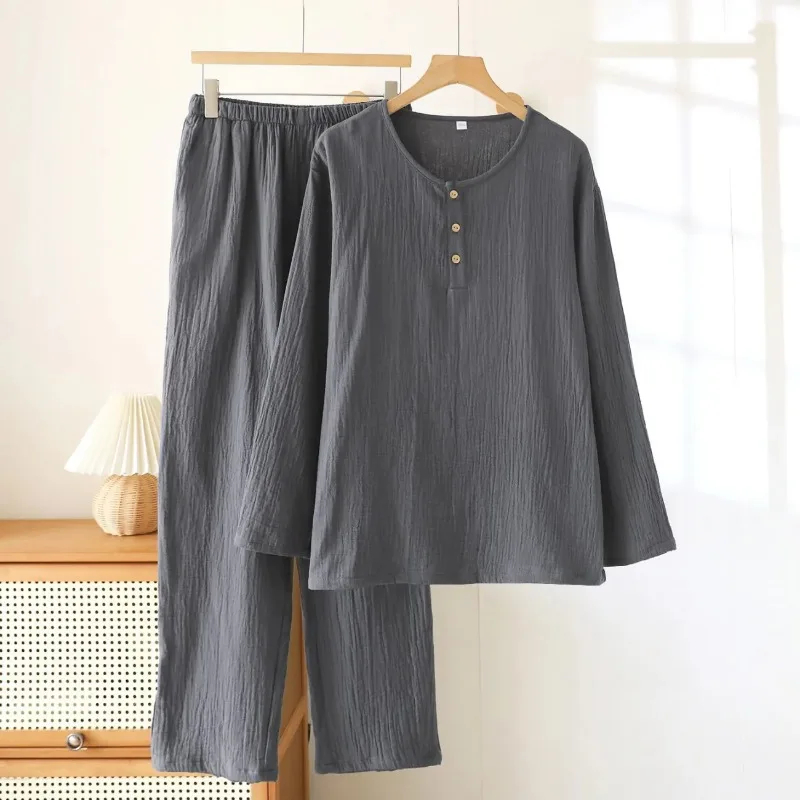 Women's Wrinkled Fabric Long-Sleeve Henley Neck Loungewear Set