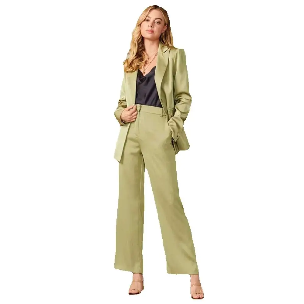 High Quality Green Satin Suits for Women Notch Lapel 2 Piece Jacket Pants Female Clothing Office Lady Slim Fit Blazers Sets