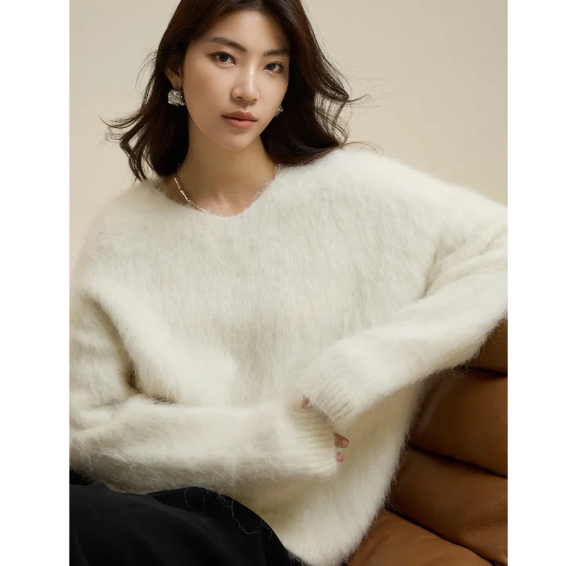 

Зимний свитер из шерсти альпаки с v-образным вырезом, женские мягкие свободные теплые флисовые пуловеры с длинными рукавами