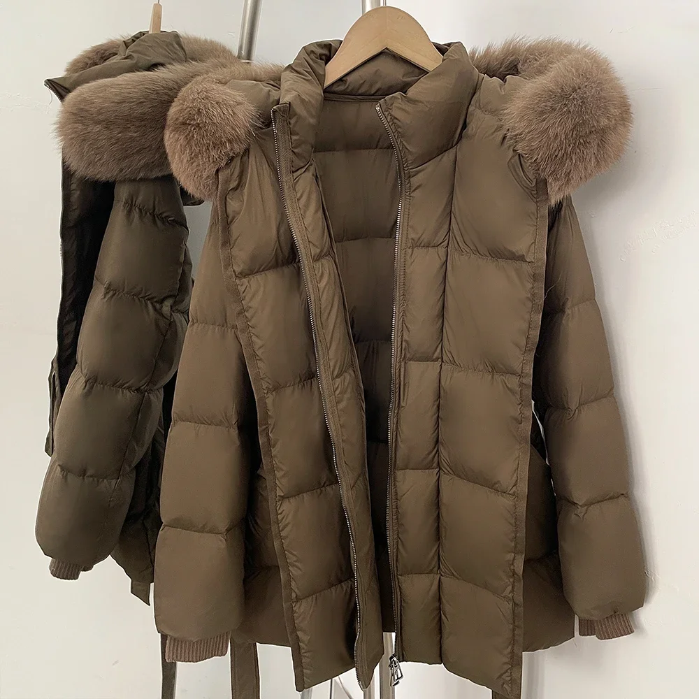 OFTBUY Damen-Winterjacke aus Entendaunen mit großem, natürlichem Fellkragen, Kapuze, Reißverschluss, Gürtel und tailliertem Schnitt, mit Fell für Damen – Detail 24