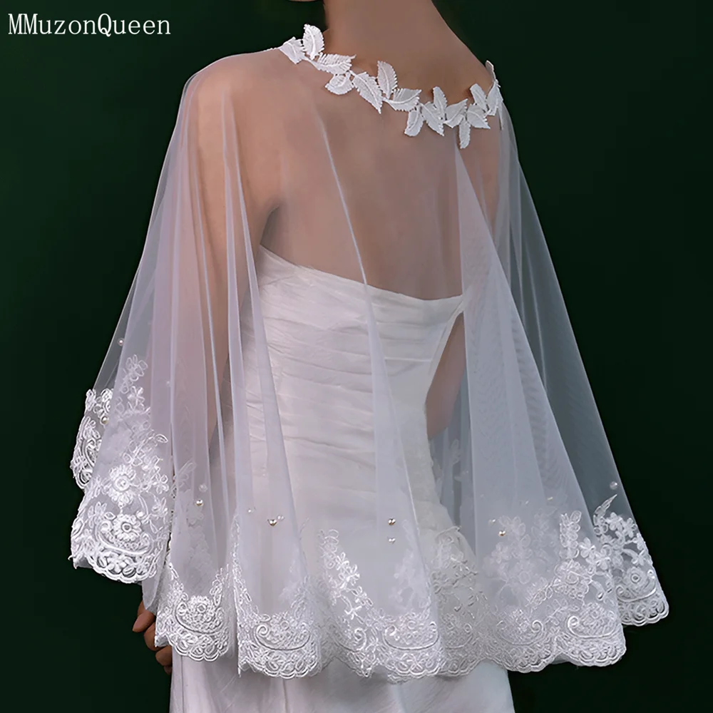 TOPQUEEN Embroidered Lace Pearl Trim Bride Shawl Wedding Accessories Ladies Halter Skirt Dress Customized capa de novia MG46