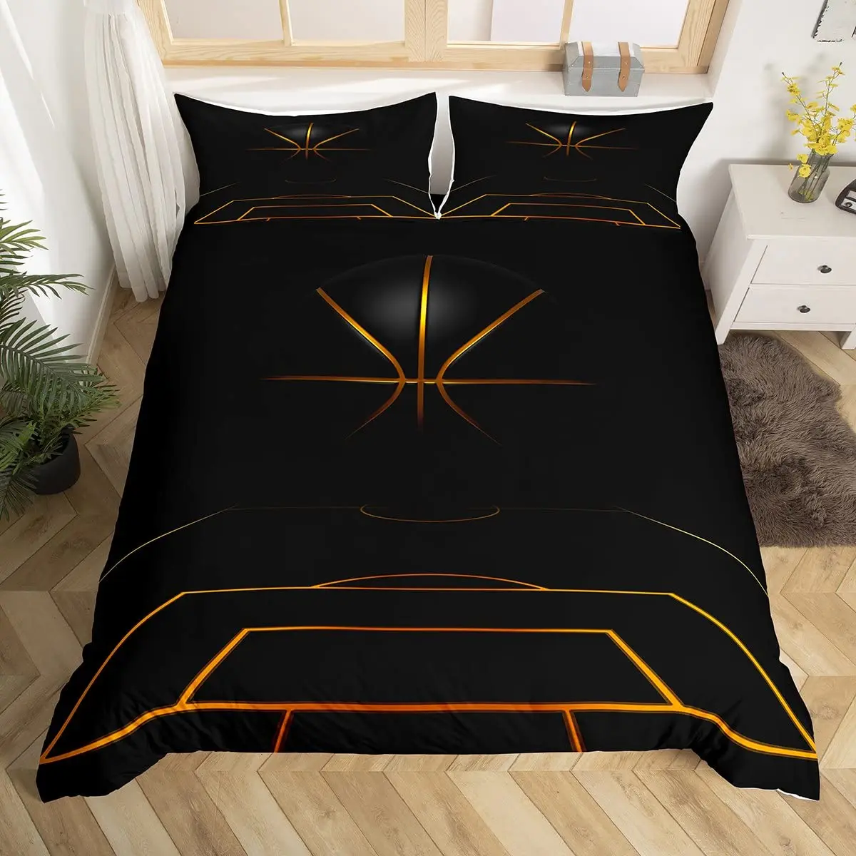 Basketball Duvet Cover Black Gold Bedding Set Black and Golden Basketball Court Design Comforter Cover Sports Games Quilt Cover