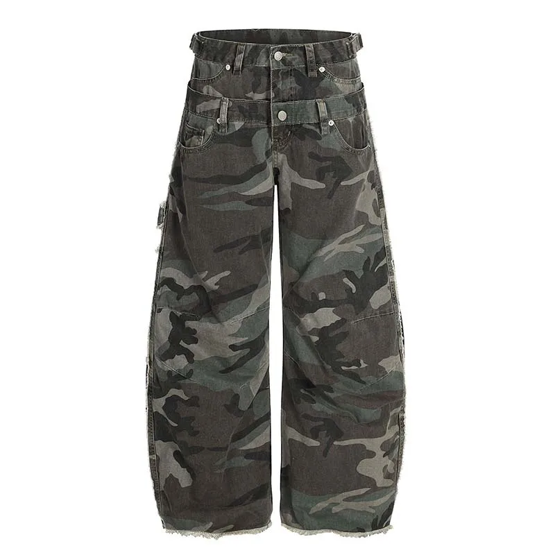 Men's Fashion Camouflage Cargo Jeans Pants High Streetwear Loose Fit Vibe Style Y2K Denim Trousers Double Waist Hip Hop Jeans