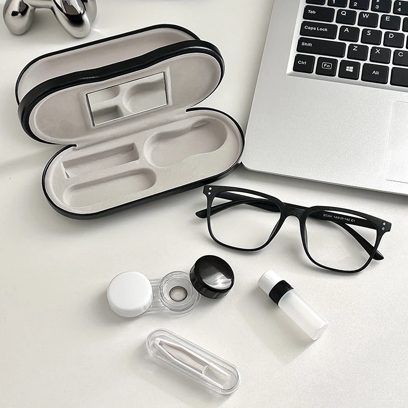 In 1 Double Layer Glasses Box Contact Lens Case For Men Women Creative Dual Use Glasses Case Eyewear Leather Box Unisex Gift 2