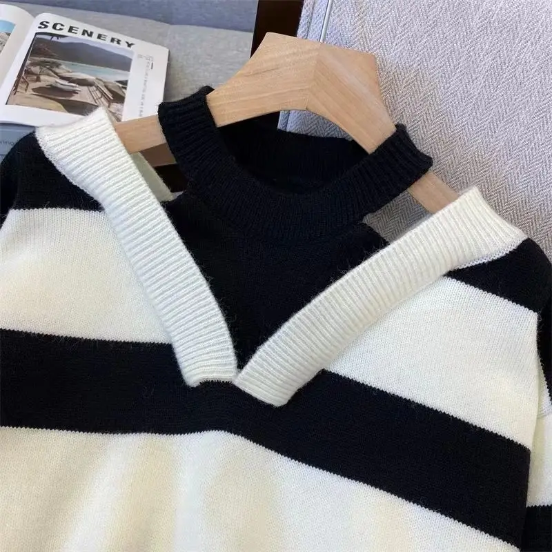 Design Halter Pullovers Women Sweater Ulzzang Fake Two Piece Striped Sweet Schoolgirl Lovely Baggy Свитер Женский Gentle Clothes