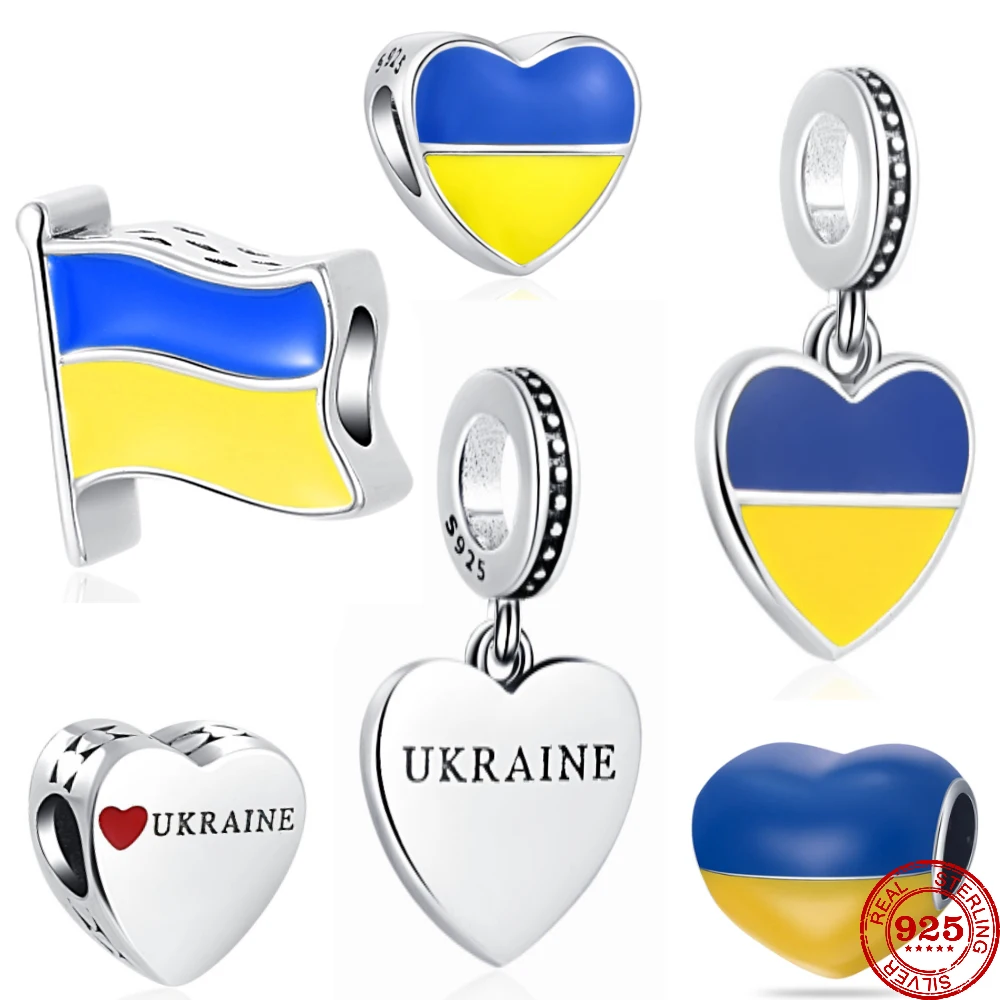 925 Sterling Silver Charm Ukrainian Flag Pendant Dangle Bead charms fit Original Pendant Bracelet For Women DIY Jewelry Trinket