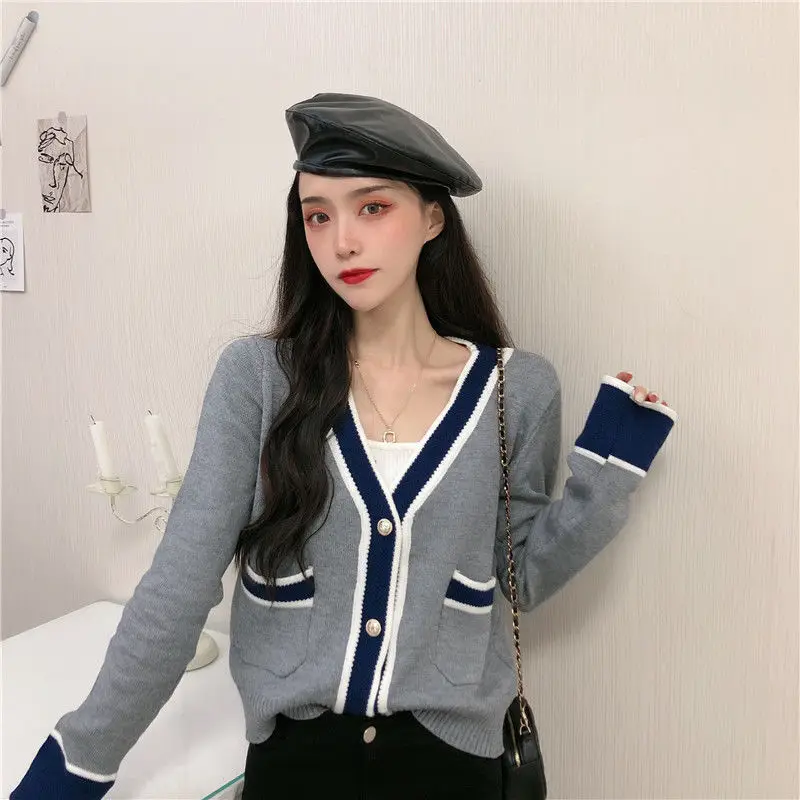 Vintage Women Cardigan Korean Autumn Pearl Button Knitted Sweaters Korean Elegant Office Lady Patchwork Casual Knitwear Top