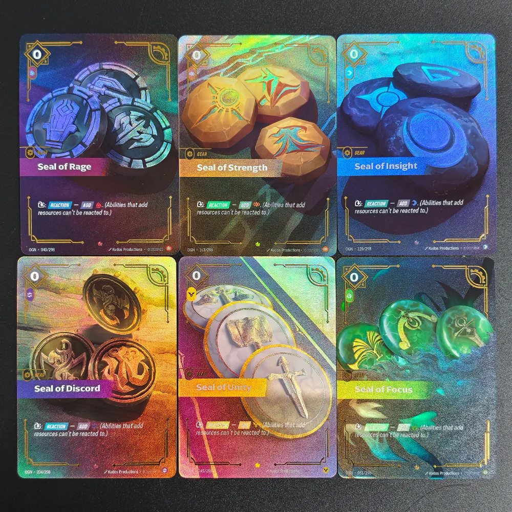 

DIY Riftbound League of Legends Trading Card Game Origins OGN Seal of Discord Unity Rage Insight Strength Gear Card