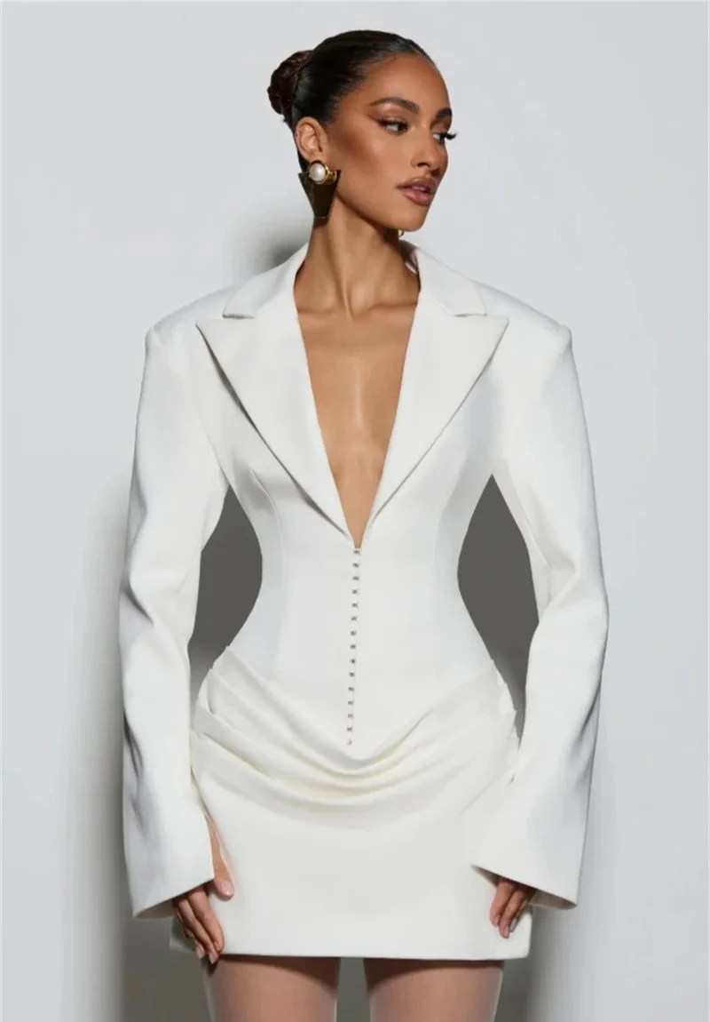 

White Black Burgundy Women's Suit 1 Piece Blazer with Scarf Sexy V Neck Full Sleeve Formal Office Lady Party Evening Coat Jacket