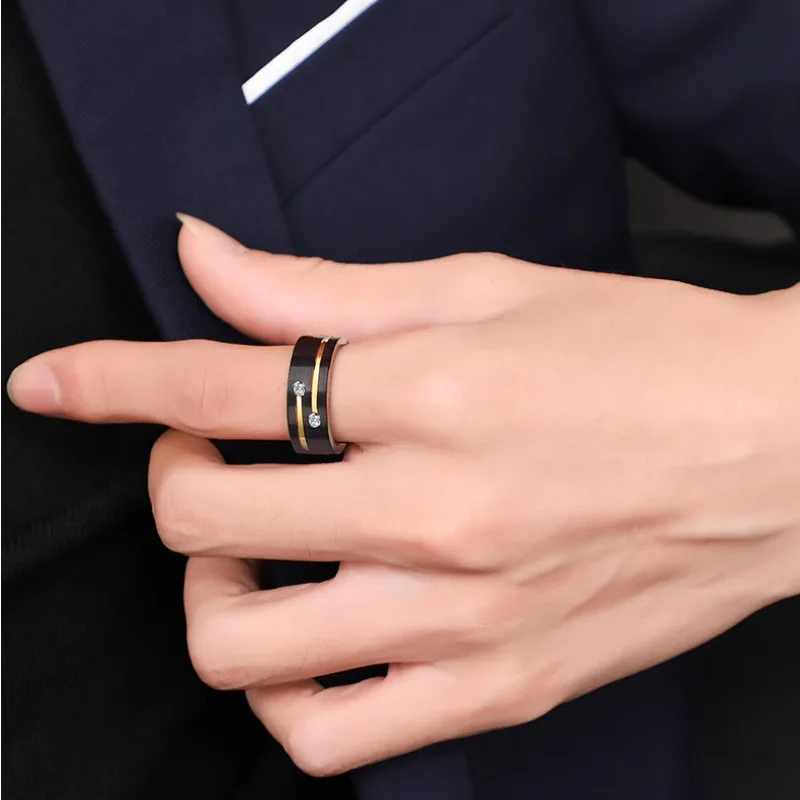 2025 Hot Selling New Stainless Steel 8MM Gold Diamond Ring For Men Jewelry Accessories Wholesale Size 6-13