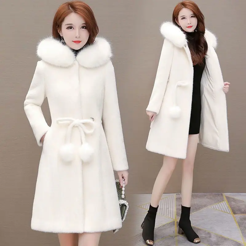 imitation Mink velvet coat female 2025 new winter clothing fashion Mid-Length Long sleeve slim hooded overcoat women tide T640