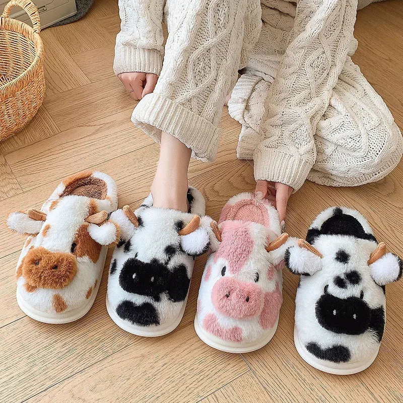 Winter Warm Cartoon Cow Slippers Women Closed Toe Non Slip House Furry Slides Woman Indoor Bedroom Soft Sole Plush Slippers