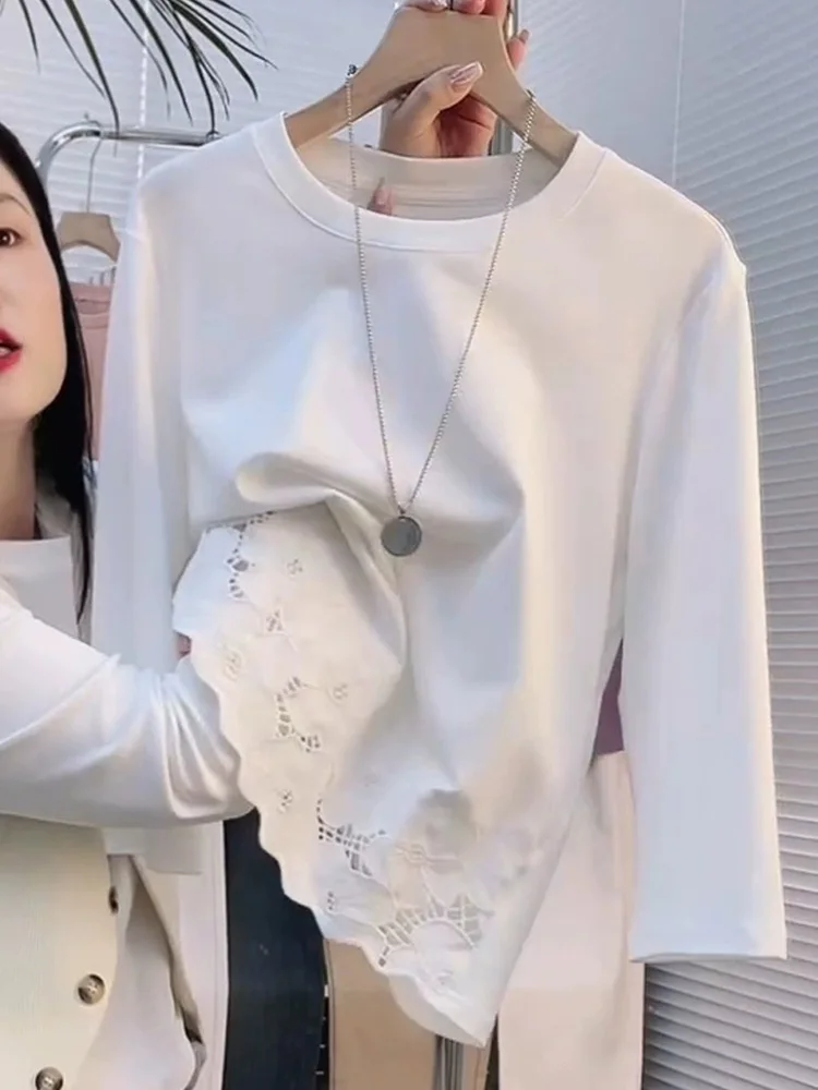   Koronkowa bluzka z okrągłym dekoltem, luźna, w stylu casual, wersja koreańska, z jedwabiu, na wiosnę i lato.