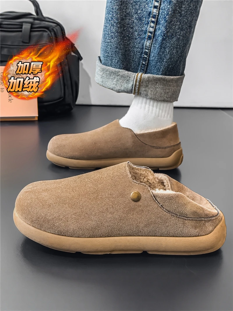 Men's Cotton Slippers 2026 New Winter Home Outdoor Wear Fur Leather Integrated Anti-Cold Fleece Warm Headless  Cot...
