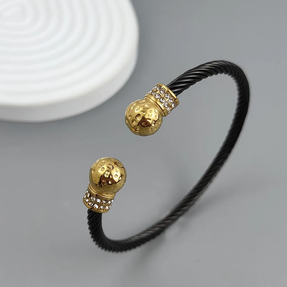 Wire twisted double ball zirconia stainless steel gold plated 18K bracelet, high quality waterproof silver jewelry, couple gift