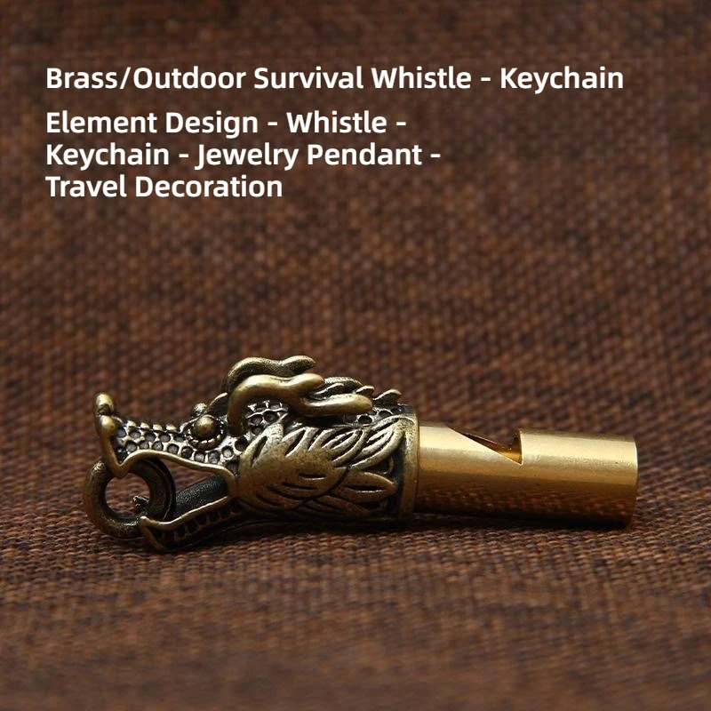 1Pc Chinese Element Brass Whistle Keychain, Lanyard Equipped Brass Pendant for Daily Wear Camping Outdoor Rescue
