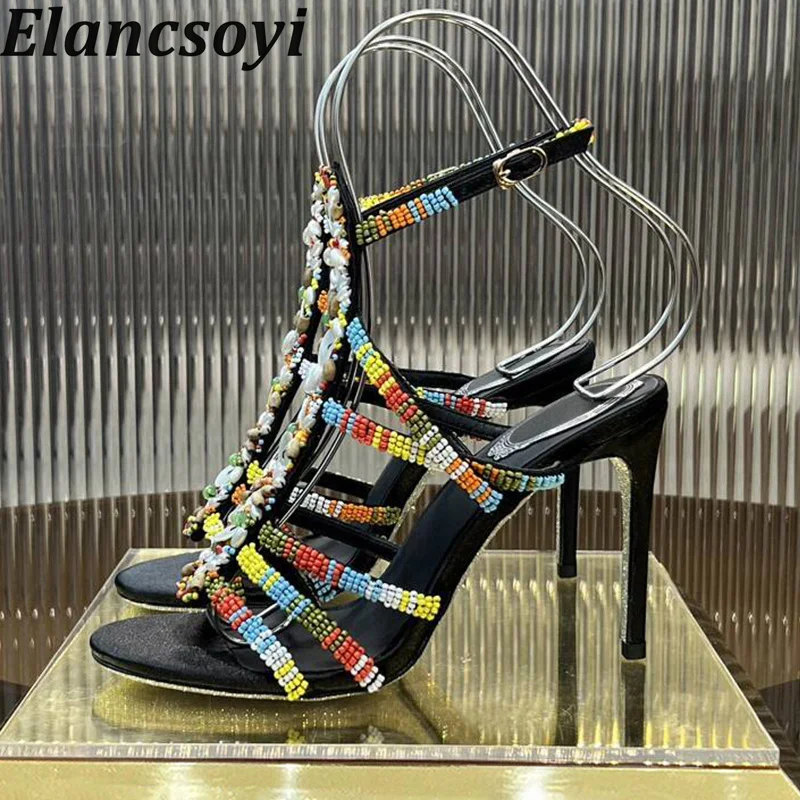 Summer New Ethnic Style Beaded Narrow Band Roman Sandals Women's Thin Heel Ankle Strap Sandalia Female Banquet Elegant Shoes