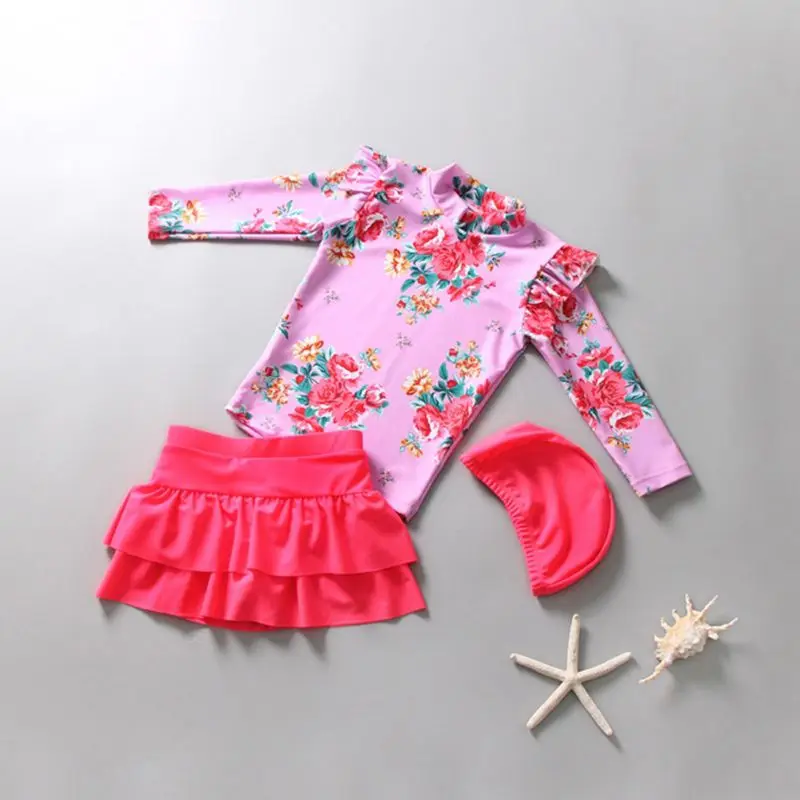 Children Girls Long Sleeve Swimming Top UV Protection Sweet Baby Girls Bikini Set Beachwear with Hat Bathing Suit 3-7 Years