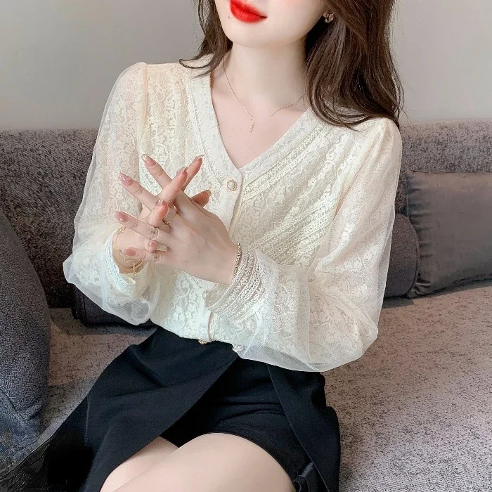 2022 Spring Fall Women Sweet Ladies V Neck Full Sleeve Beige Lace Top Blouse , Woman Autumn Korean Style Blouses Tops