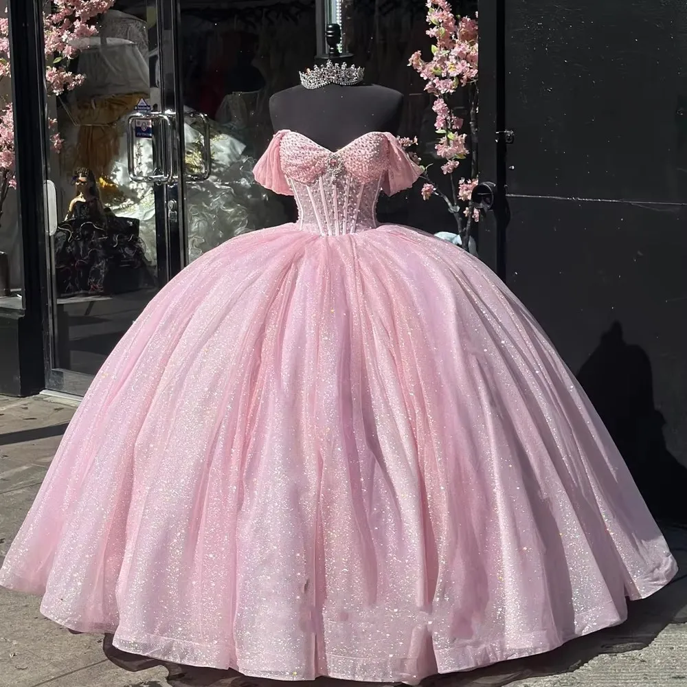 Vestidos de Quinceanera em Tule Rosa, Vestidos de 15 Anos, Personalizados, Longos e Brilhantes, Estilo Cinderela para Festas