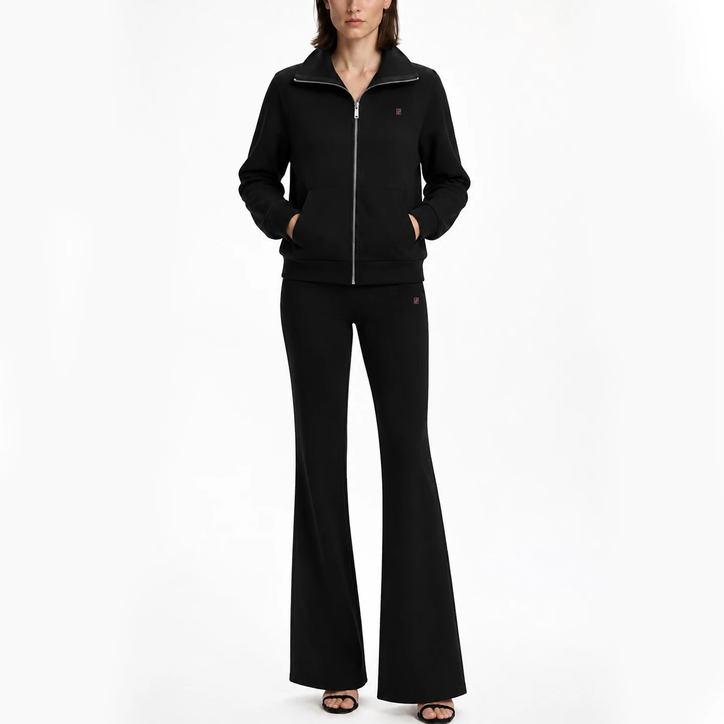 CH High Collar Zip Up Knit Matching Set Cropped Jacket Flared Pants Minimal Chest Embroidery Slim Women Leisure Outfit image 6