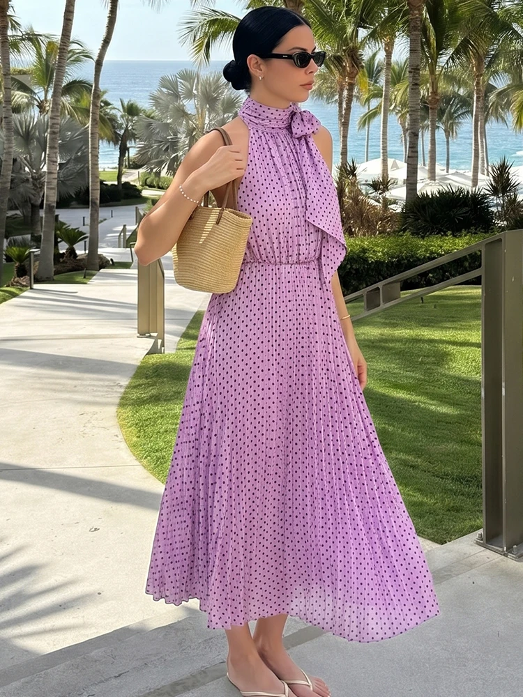 

HH Elegant Women's Summer Purple Polka Dot Bow Decorated Midi Dress 2026 Female Sleeveless Halter Purple Party Beach Long Dress