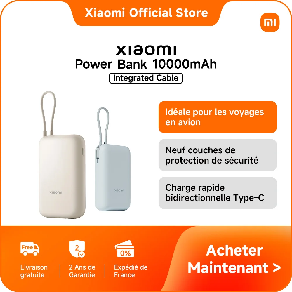 [Officiel] Xiaomi Power Bank 10000mAh (Câble intégré) | Câble d'alimentation intégré, Compatible avec plusieurs appareils, Charge rapide bidirectionnelle Type-C