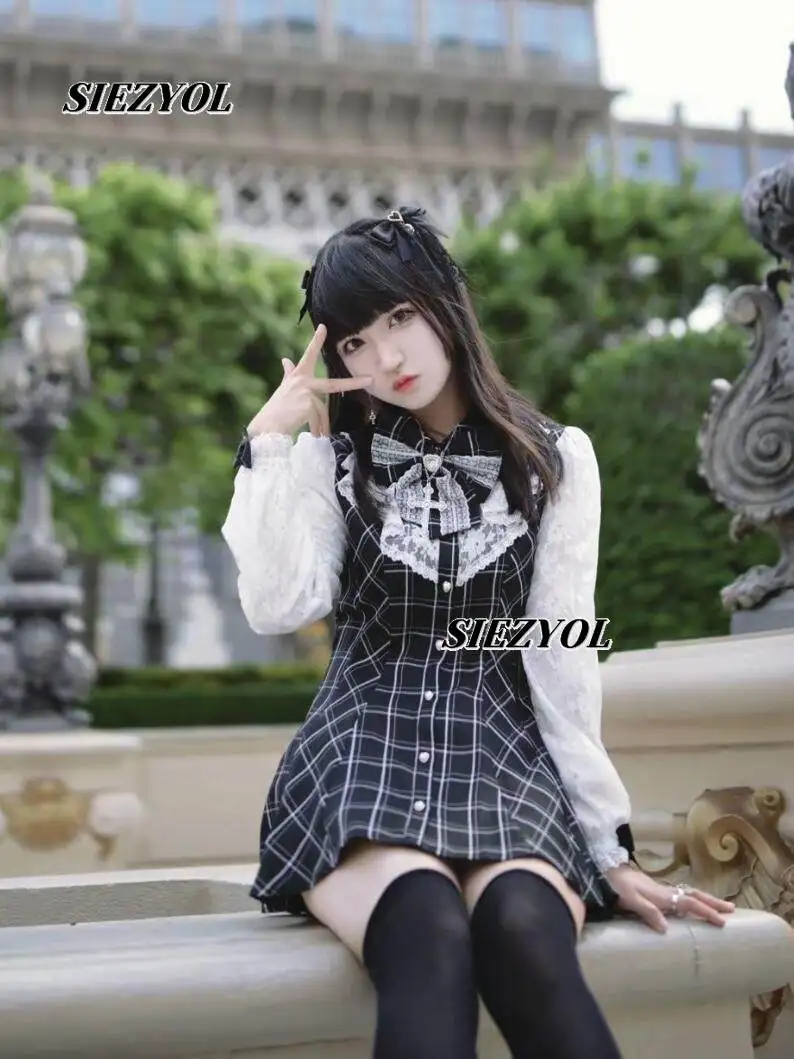 Sc Lolita Dress Set Black White Mass-production Slimming Bow Lace Japanese-style Cinched Waist Bodycon Dress and Shorts Outfits - view 5