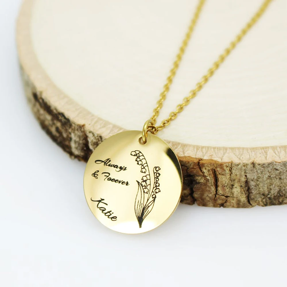 

Round Necklace for Women Engraving Name Flower Pattern Pendant Neck Chain Personalised Stainless Steel Custom Necklace Mom Gifts