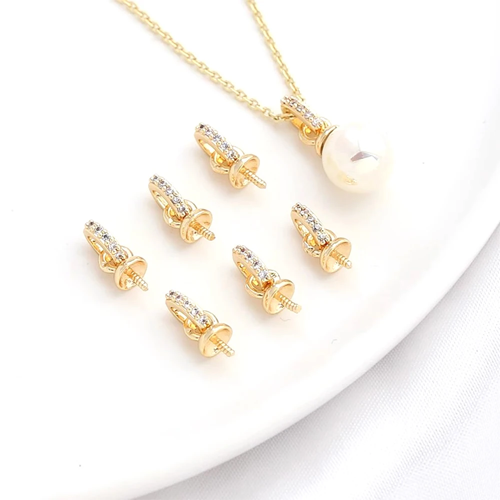 5 Pieces Brass Plated with Genuine Gold Zircon Inlay Insertable Pearl Connecting Buckle Pendant DIY Jewelry Making Accessory