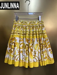 JUNLINNA High Street Women Skirt 100% Cotton Fashion Yellow Porcelain Printing Party Vacation Empire Half Dress Girl's Sweets We