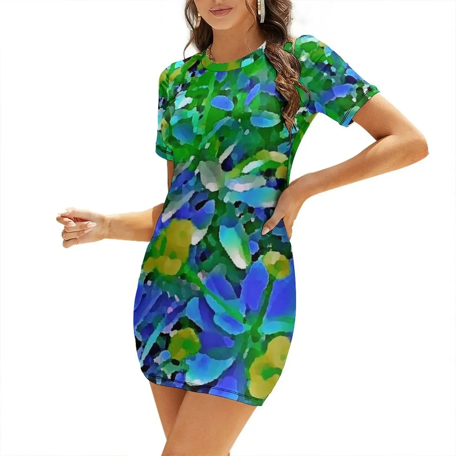 

Abstract flowers Blue Green Yellow pattern by Iritof Short-Sleeved Dress summer dress woman 2026 trendy Summer women's clothing