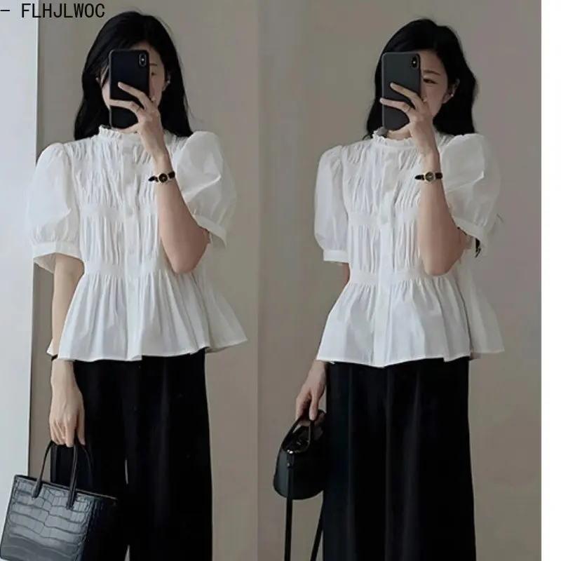 Hot Sales Peplum Korea Chic Tops Blusas Holiday Transparent Button White Shirt FLHJLWOC 2023 Design Women Blouses