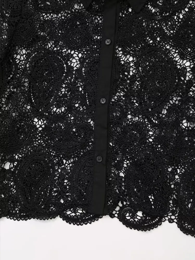 TRAF Crochet Knitting Hollow Out Sexy Lace Crop Top Turn Down Collar Short Shirt Long Sleeve Spring Summer Women Blouse