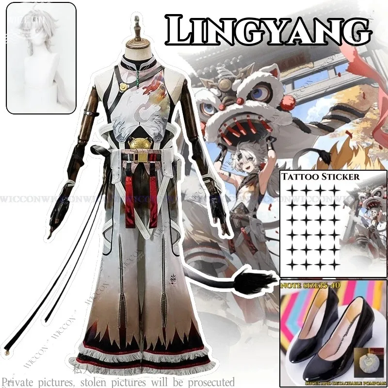 Qq681Lingyang Anime juego Wuthering Waves disfraz Cosplay peluca zapatos tatuaje pegatina pequeño León Solaris-3 Animal oreja cola Halloween