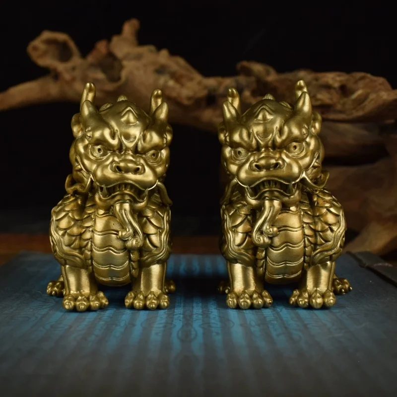 Brass Qilin Statue Chinese Lucky Kylin Figurine Home Office Desktop Decor Ornament Wealth Protection Collectible Gift