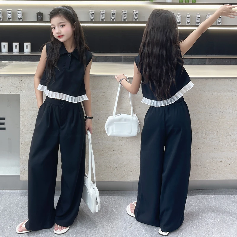 Design 4 6 8 10 12 14 teenage sleeveless wide leg pants set Flip collar ruffled top trousers 2pcs junior kids suit child outfits