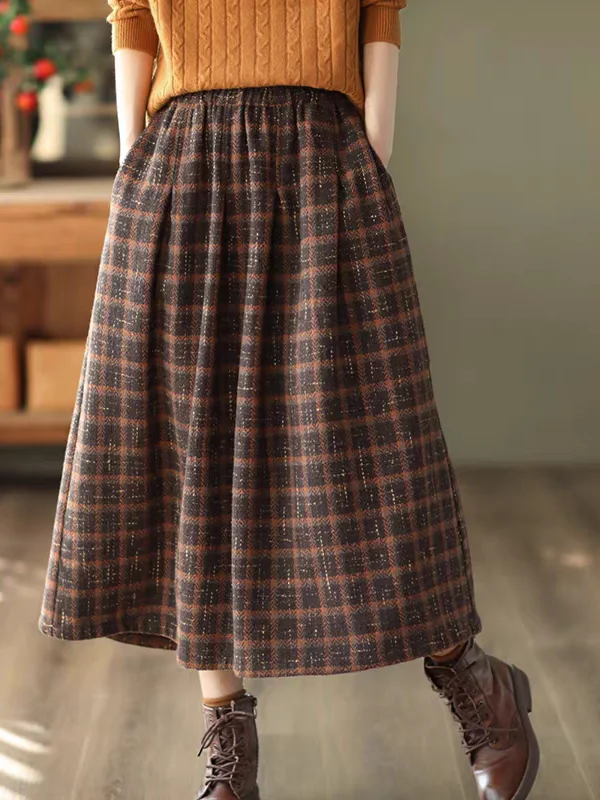 

Retro Tweed Midi A-Line Skirt Plaid Slimming Women's Faion Spring Autumn Season Casual mid Waist Design ket Detail