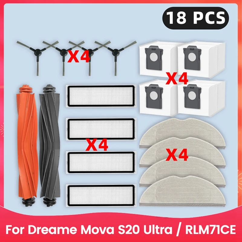 

B01C-For Dreame Mova S20 Ultra / RLM71CE Spare Parts Main Side Brush Hepa Filter Mop Pad Dust Bag Accessories