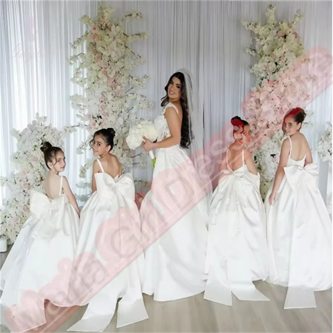 Wedding Gifts Party Satin White Baby Backless Bow Flower Girl Dresses Beautiful Back Birthday First Communion Dresses