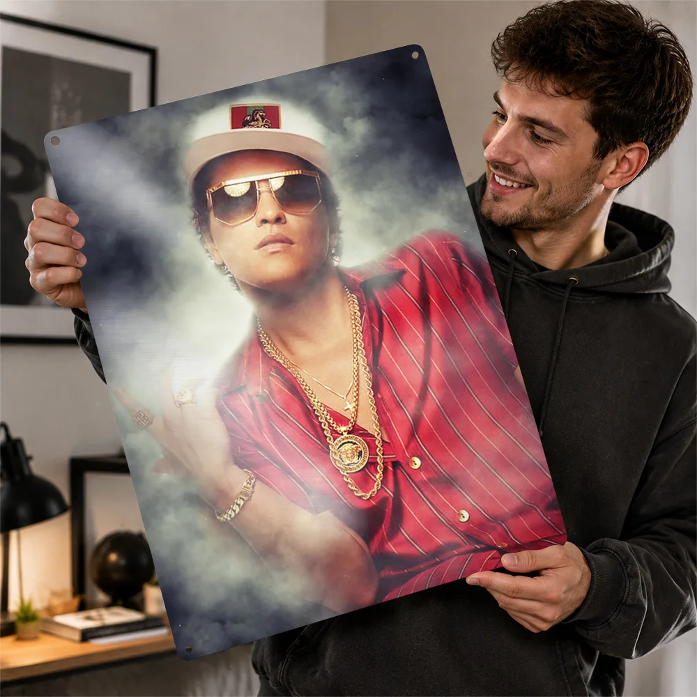 Bruno Mars Red Jacket Portrait Printed Poster Smoky Wall Art For Listening Room Customized Aluminum Metal Sign Music Lover Gift