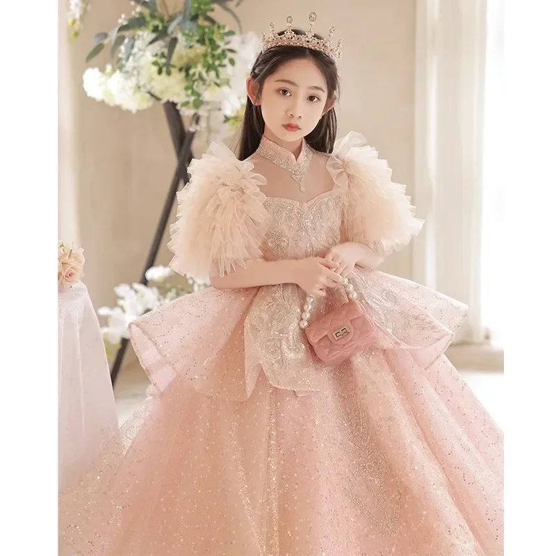 Vestido de gala de luxo para adolescentes, meninas, bebês, lantejoulas, manga tutu, vestidos maxi, festa, crianças, vestido de baile, roupas, fantasia de passarela