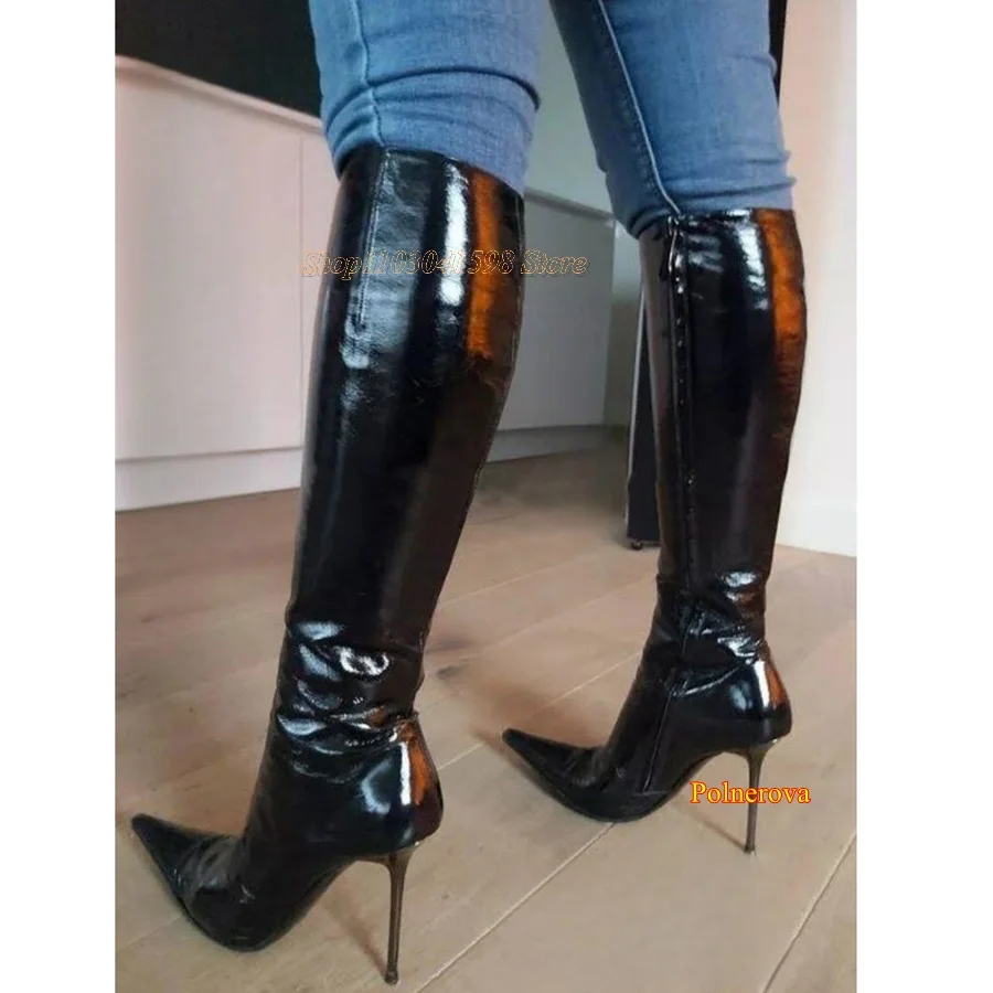 Szpiczaste skórzane buty do kolan, boczny zamek błyskawiczny buty na szpilce zimowe długie buty retro damskie buty2023 nowe Zapatos Para Mujere