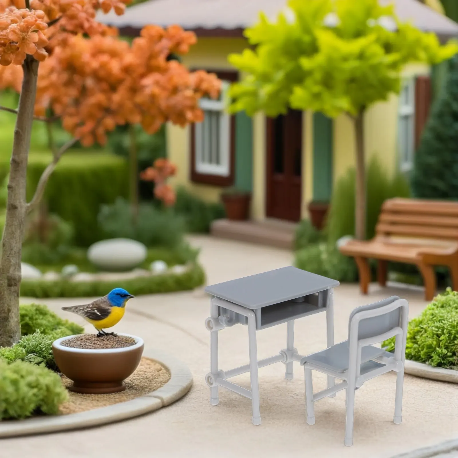 Miniature Classroom Furniture Set – 5-Piece Realistic School Desk & Chair Models for Dollhouse, Study Room Decor