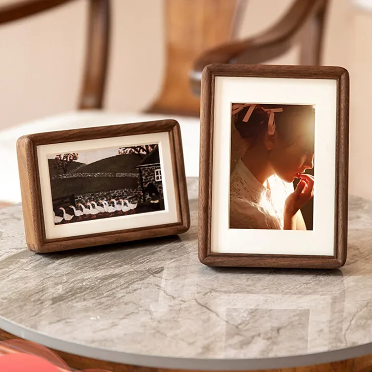 Retro Handmade Wooden Photo Frame with Passe-Partout, Vertical/Horizontal Standing Desktop Picture Frame Hanging Wall Decor