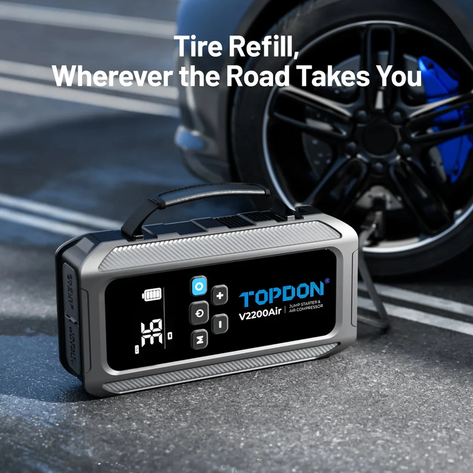 TOPDON V2200Air 2-in-1 2200 Peak Amp Car Battery Jump Starter & Tire Inflator with Digital LCD Screen and Emergency Light