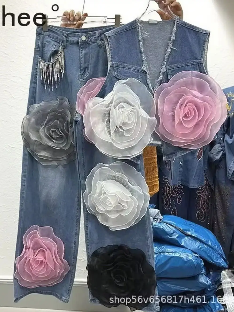 

High Street Female Denim Sets Elegant 3D Mesh Flowers V-neck Sleeveless Vests Coat + Diamonds Tassel High Waist Long Trousers